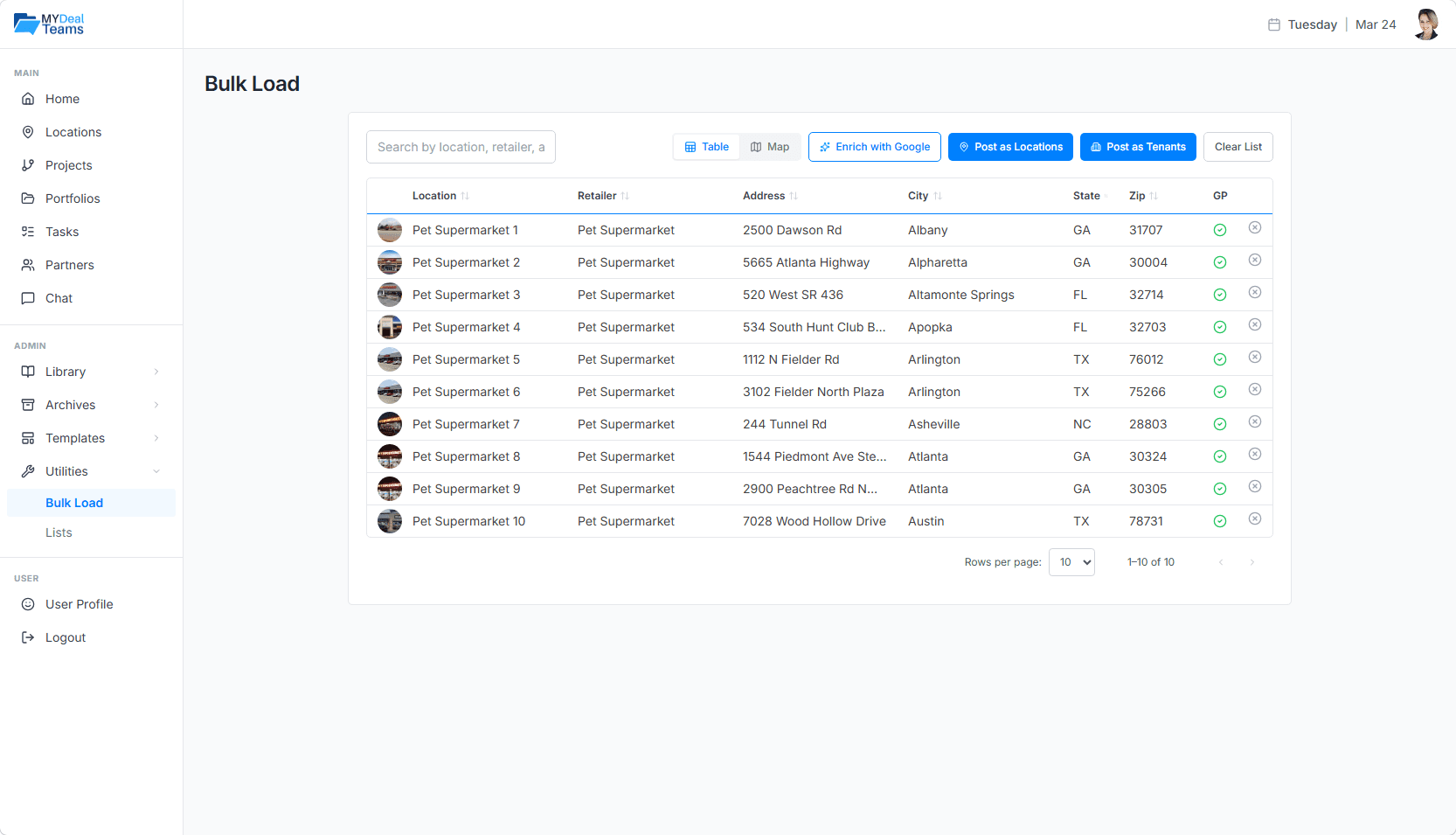 MyDealTeams bulk location import via CSV