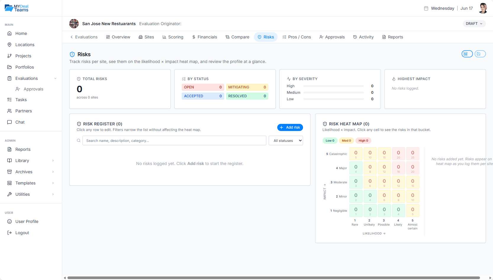 MyDealTeams Evaluations risk register and heatmap