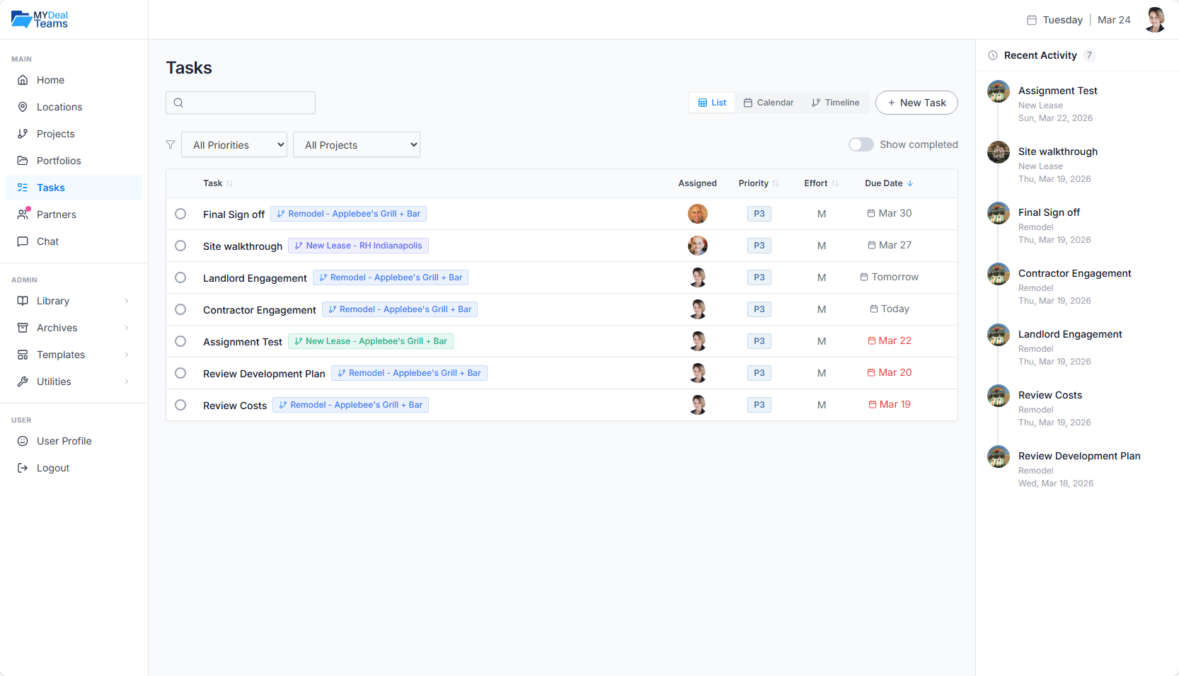 MyDealTeams Tasks table view